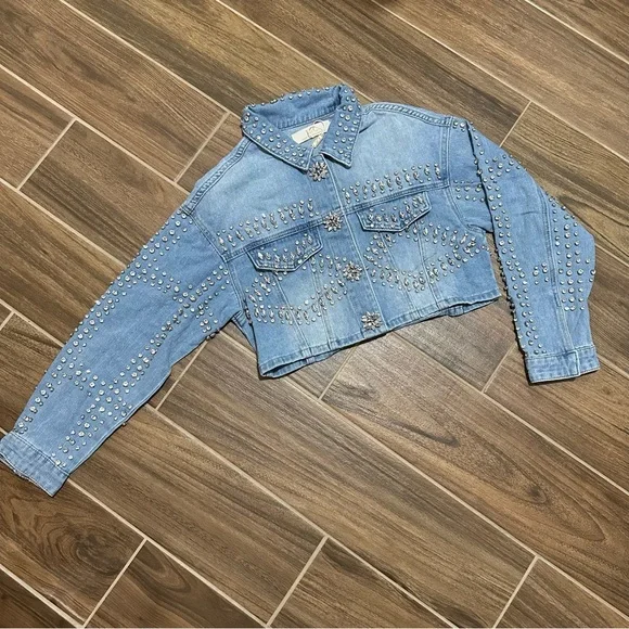 Rhinestone Studded Light Blue Denim Crop Jacket - Picture 4 of 8